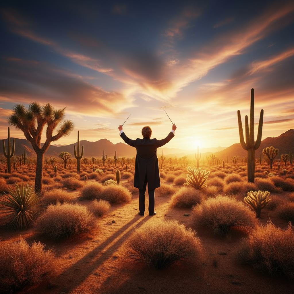 A full symphony orchestra performing in the open Mojave Desert